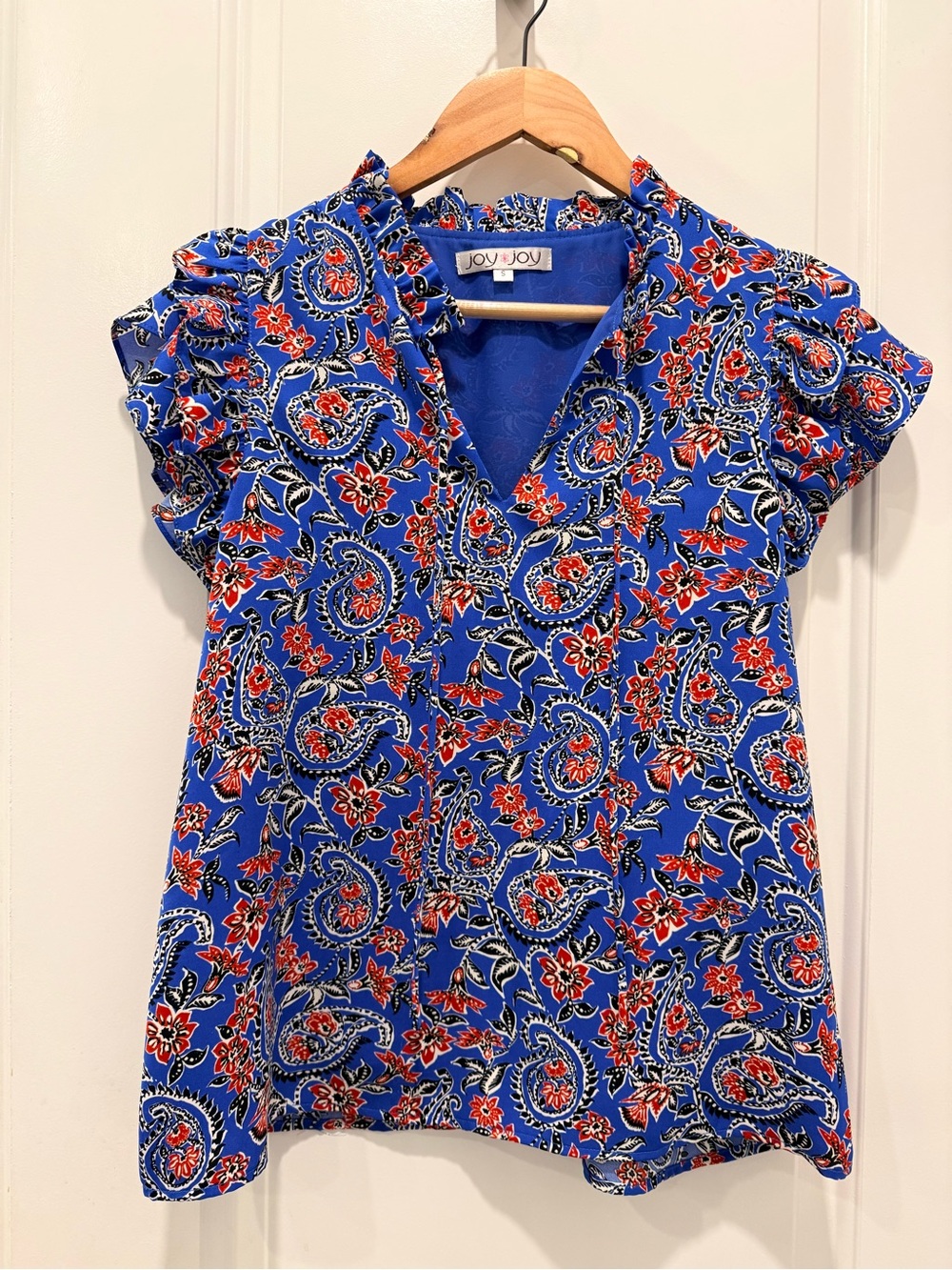 Joy Joy Royal Blue Paisley Floral V-Neck Cap Sleeve Blouse